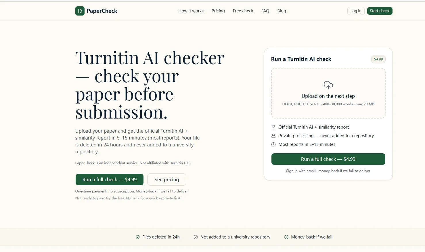 aiturnitinchecker.com free AI checker — a typical Category A simulator that does not run the Turnitin engine
