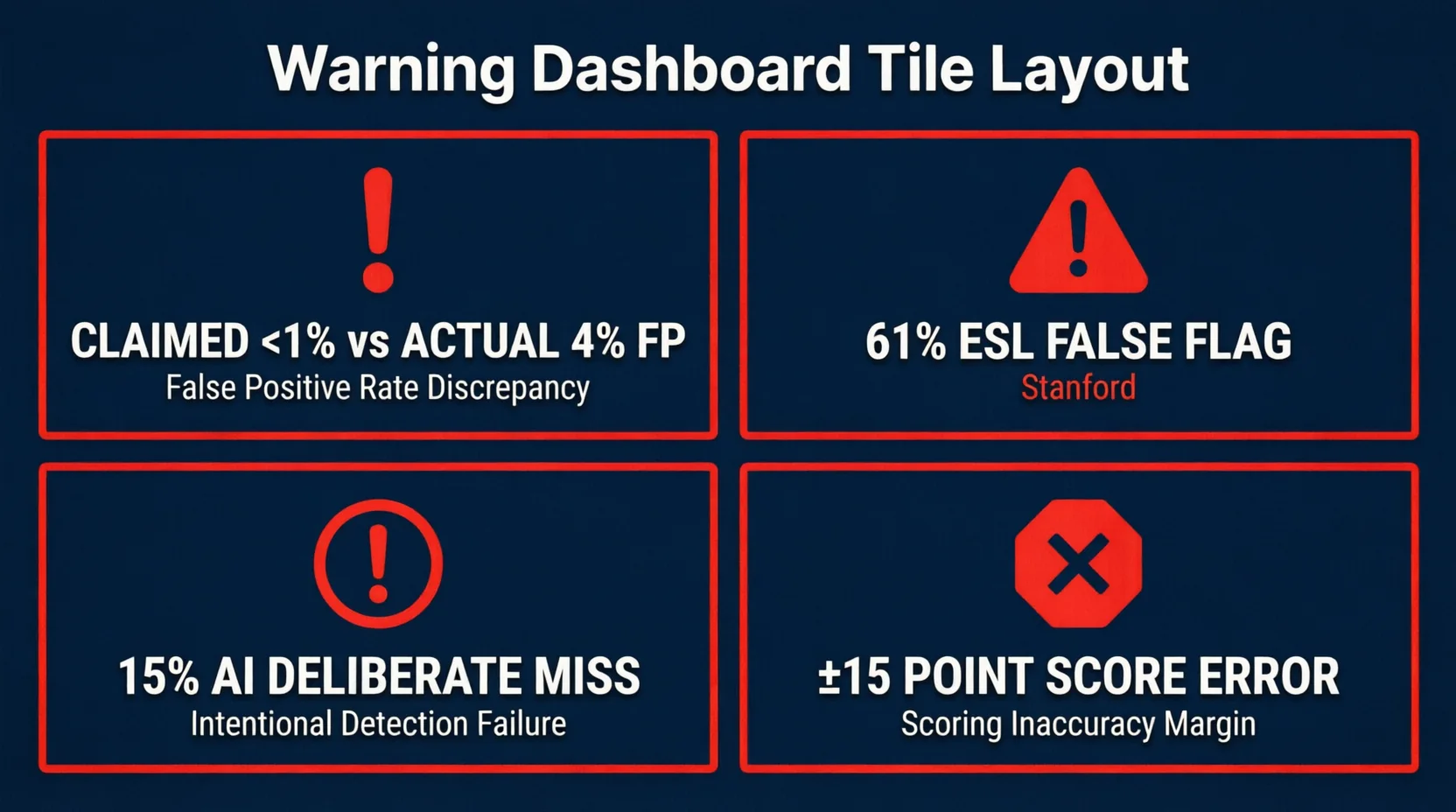 Four-quadrant infographic tile illustrating the four major accuracy problem areas for Turnitin AI detection: 1) Turnitin Claimed <1% False Positive vs Actual 4% Sentence Level, 2) ESL False Flag Rate 61% (Stanford study), 3) Deliberate 15% AI Miss Rate (Turnitin CPO admission), 4) ±15 Percentage-Point Margin of Error. Red/orange warning color scheme, bold numerical typography, clean card layout, 16:9 publication style
